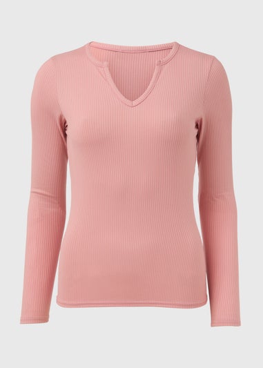 Pink Rib Notch Neck Long Sleeve Top