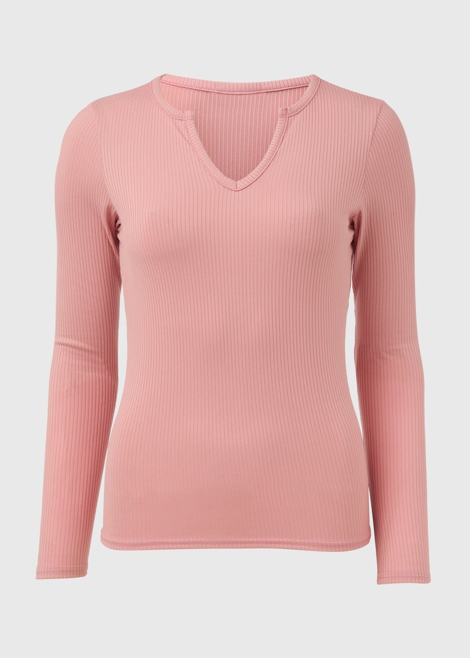 Pink Rib Notch Neck Long Sleeve Top