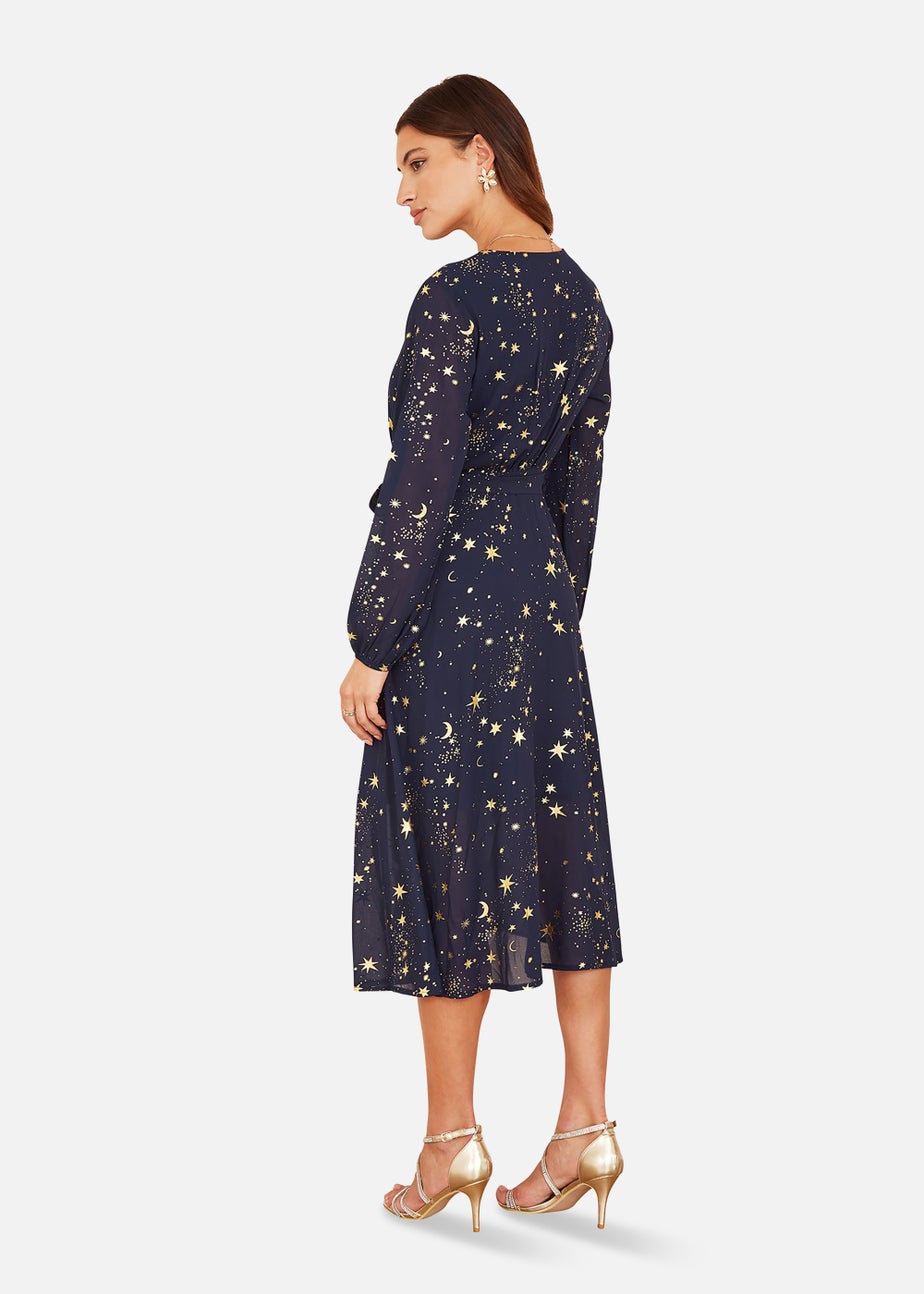 Mela Foil Star Print Long Sleeve Midi Dress In Navy
