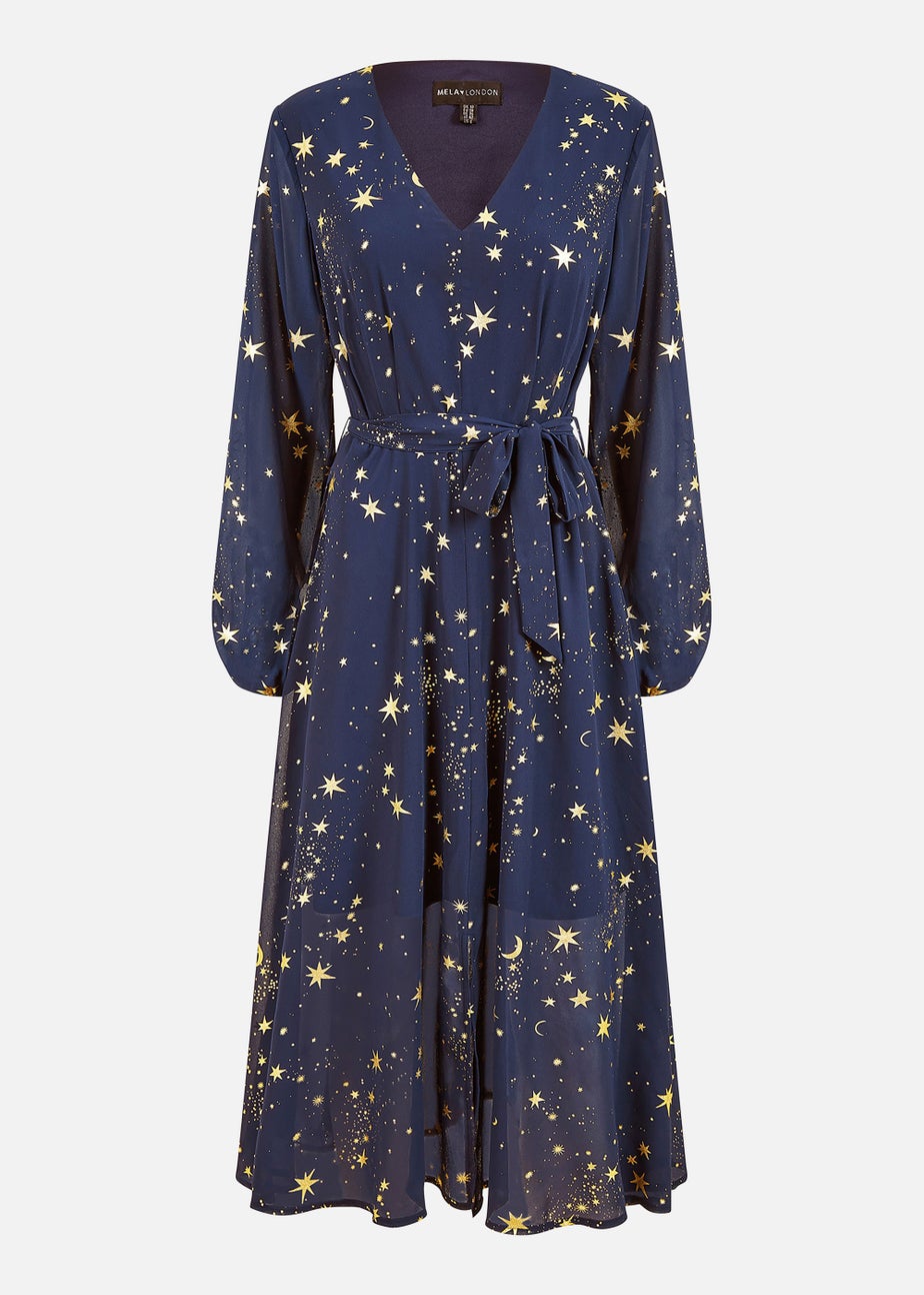 Mela Foil Star Print Long Sleeve Midi Dress In Navy