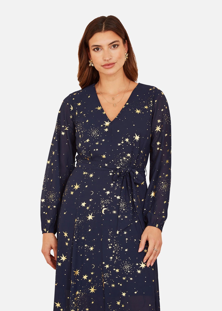 Mela Foil Star Print Long Sleeve Midi Dress In Navy