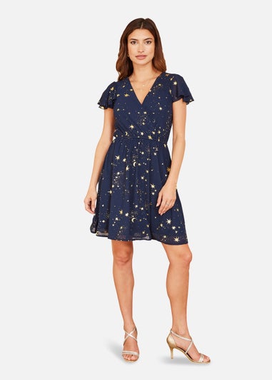 Mela Foil Star Print Wrap Skater Dress In Navy