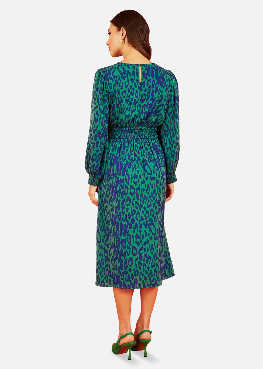 Mela Animal Print Long Sleeve Ruched Midi Dress In Green