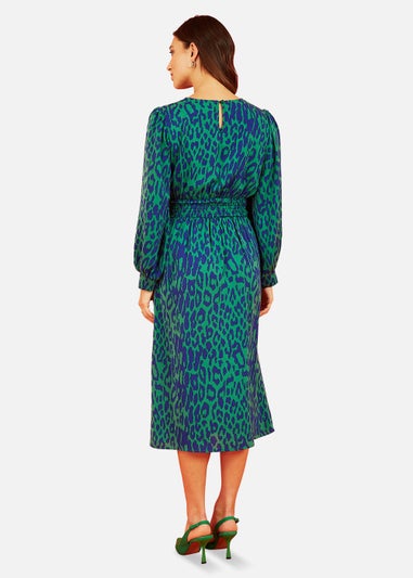 Mela Animal Print Long Sleeve Ruched Midi Dress In Green