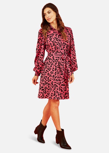 Mela Animal Print Long Sleeve Shirt Dress In Pink