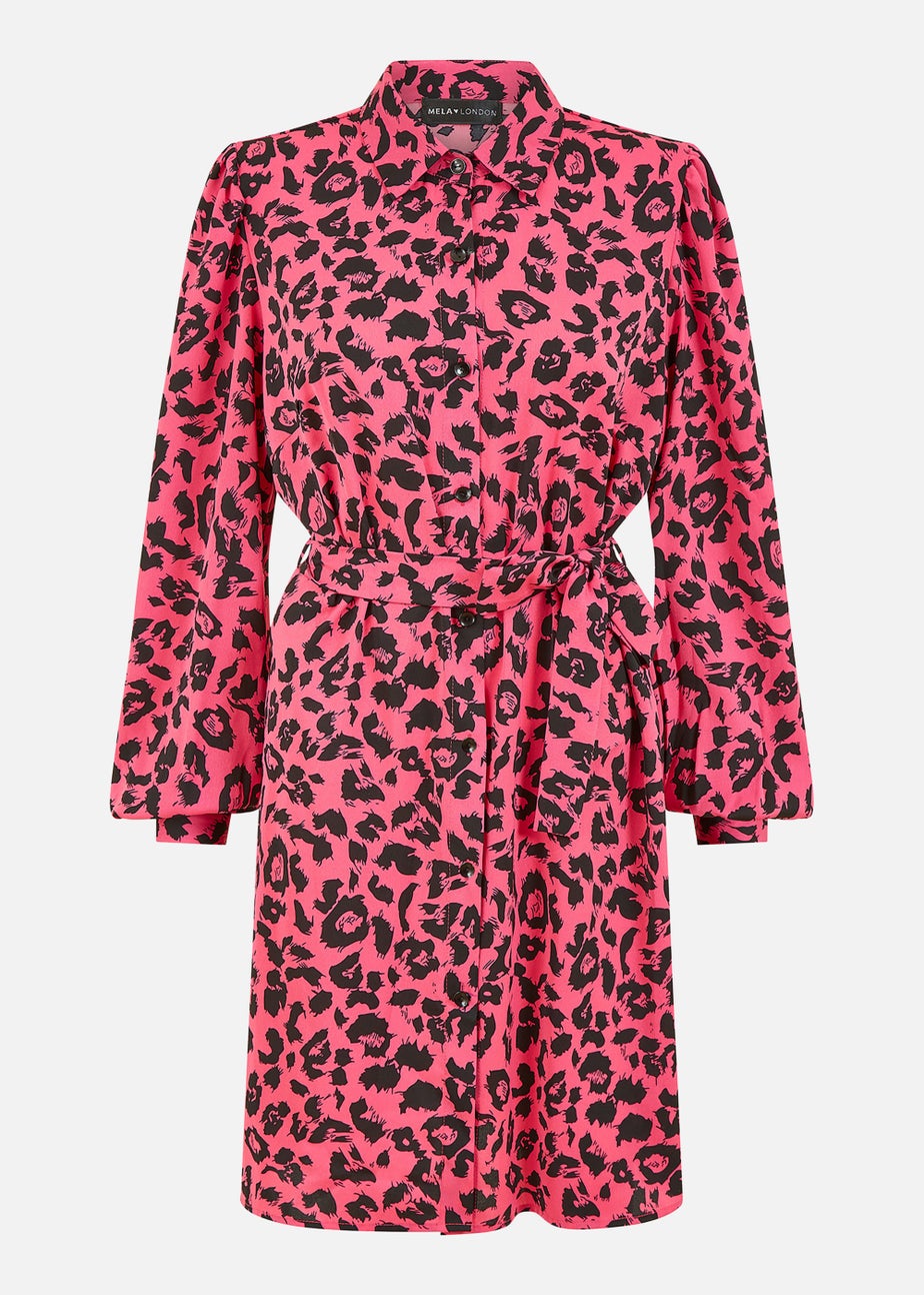Mela Animal Print Long Sleeve Shirt Dress In Pink