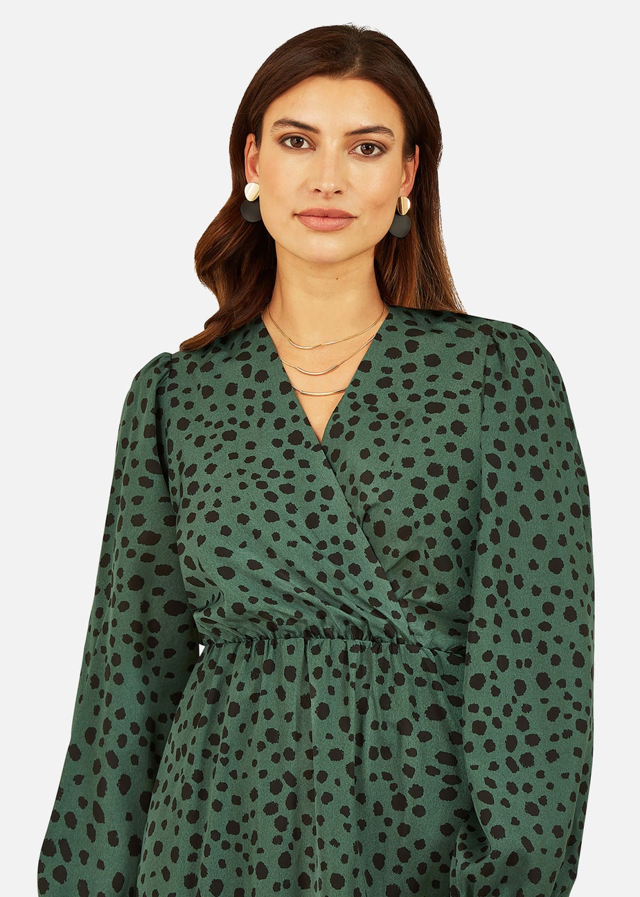 Mela Dalmatian Print Long Sleeve Wrap Over Midi Dress In Green