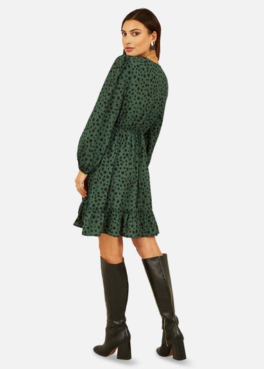 Mela Dalmatian Print Long Sleeve Wrap Over Midi Dress In Green