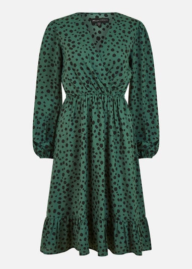 Mela Dalmatian Print Long Sleeve Wrap Over Midi Dress In Green