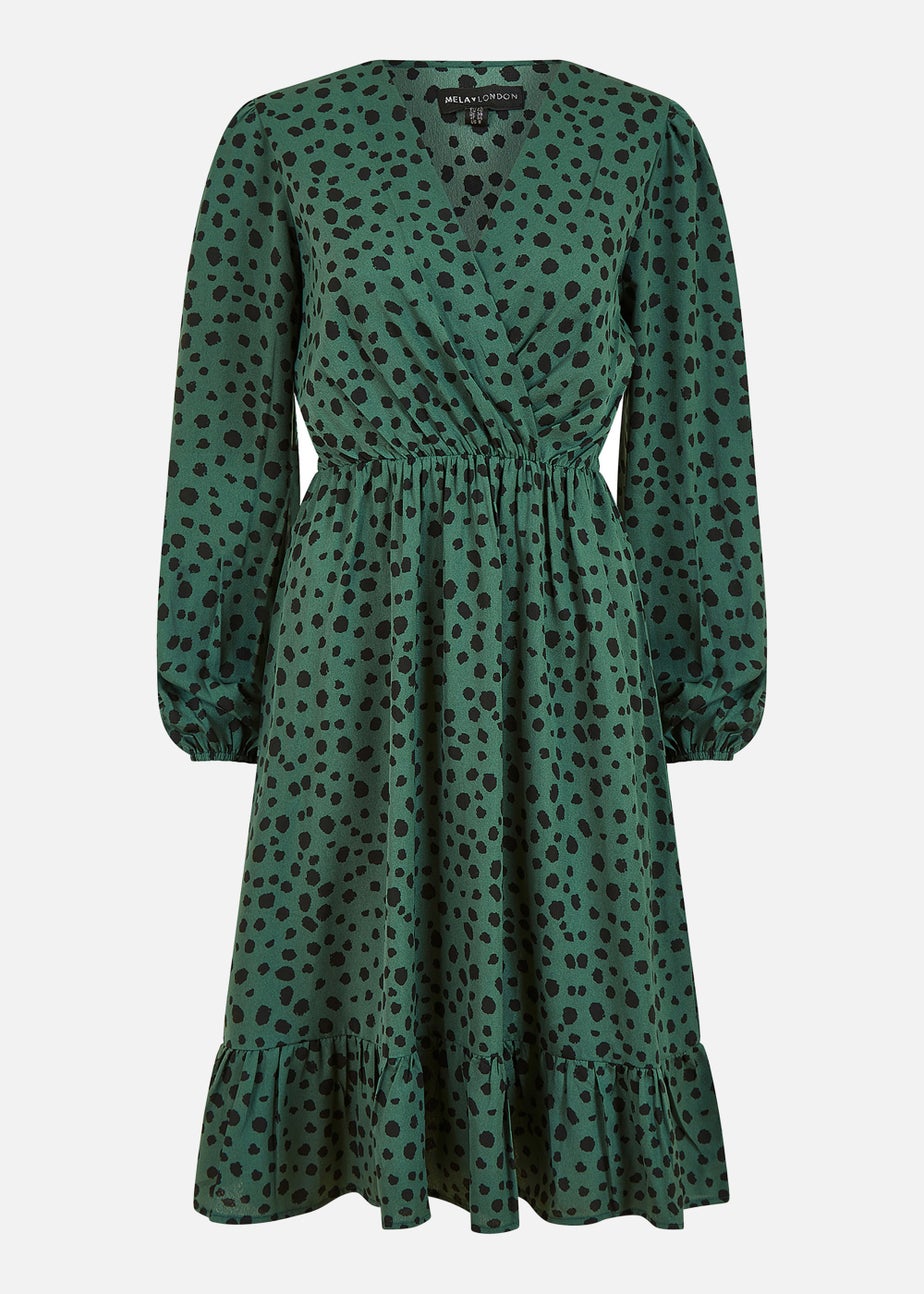 Mela Dalmatian Print Long Sleeve Wrap Over Midi Dress In Green