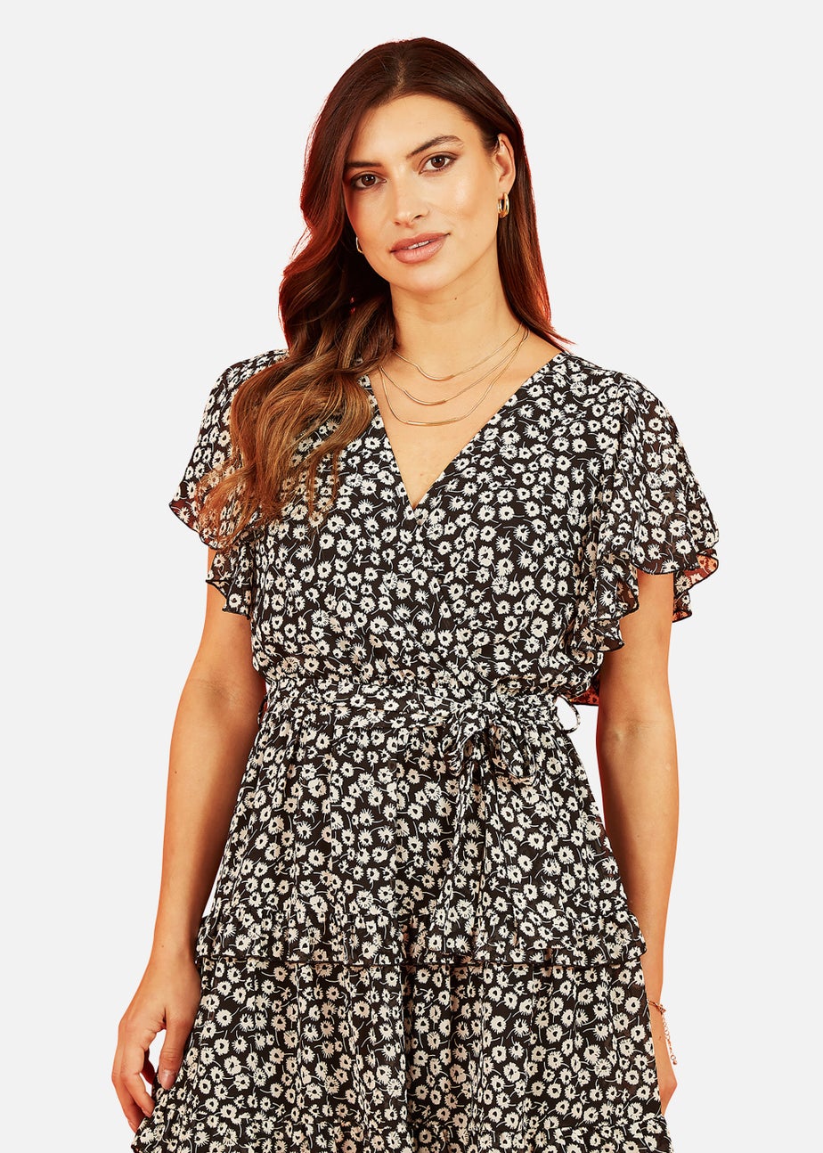 Mela Floral Wrap Skater Dress In Black