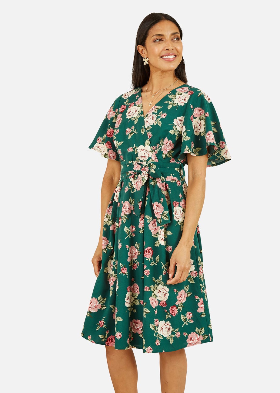 Mela Floral Wrap Dress With Angel Sleeve In Green