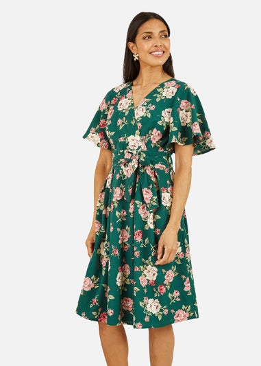 Mela Floral Wrap Dress With Angel Sleeve In Green