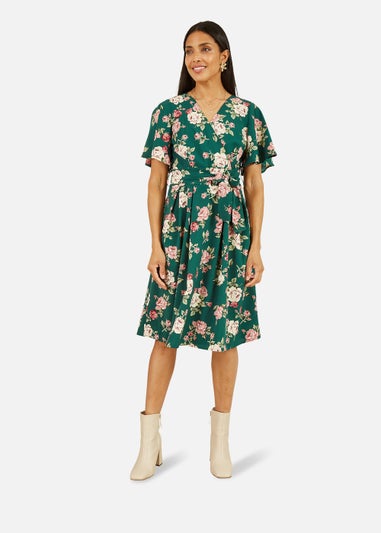 Mela Floral Wrap Dress With Angel Sleeve In Green