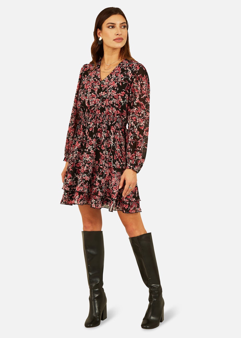 Mela Blossom Print Ruched Waist Long Sleeve Skater Dress In Black
