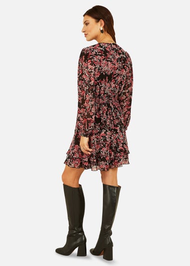 Mela Blossom Print Ruched Waist Long Sleeve Skater Dress In Black