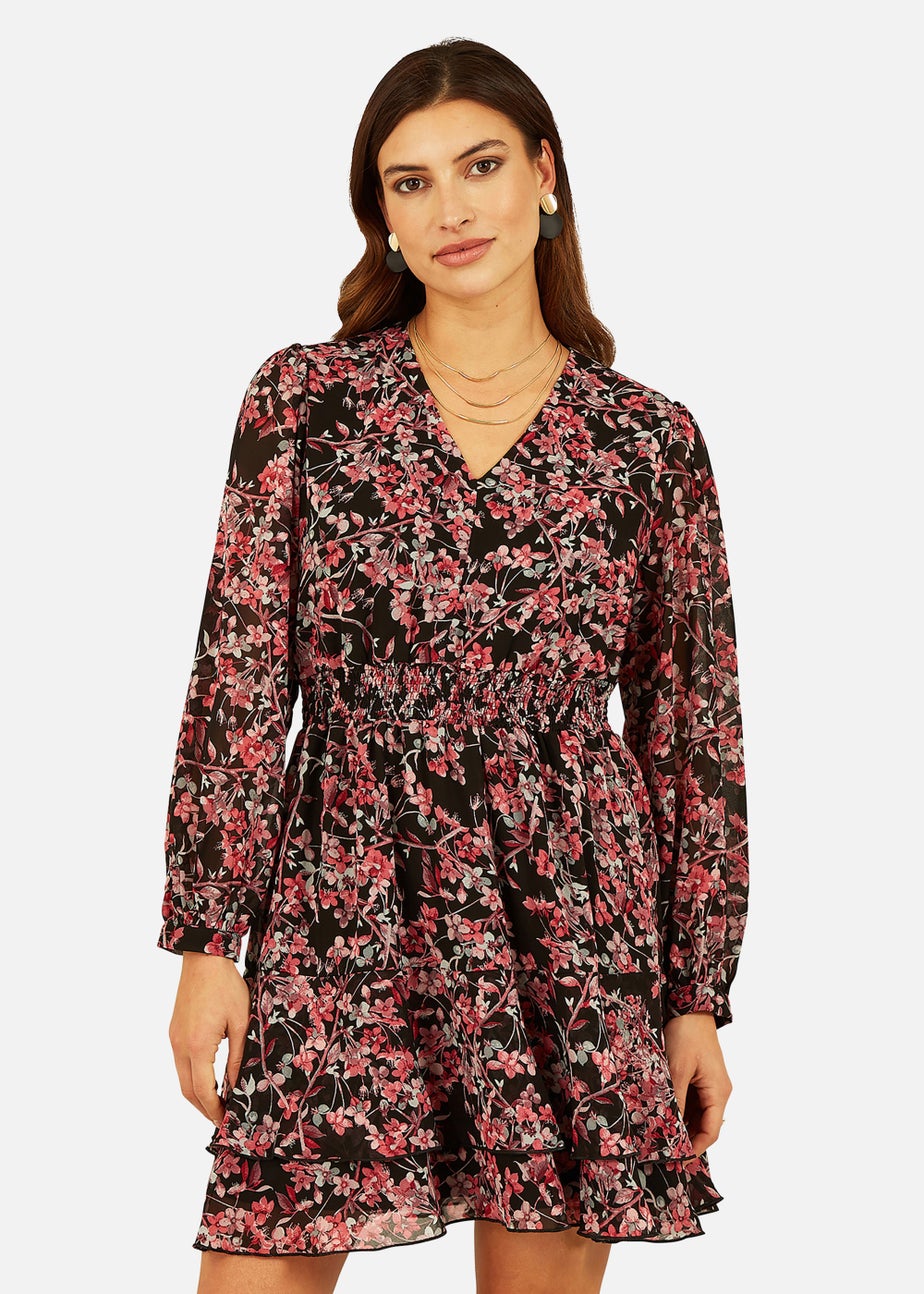 Mela Blossom Print Ruched Waist Long Sleeve Skater Dress In Black
