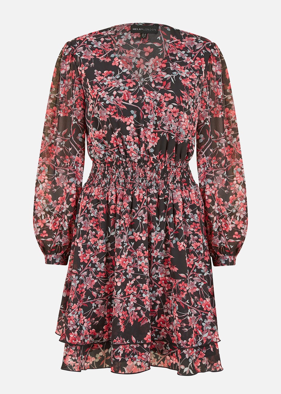 Mela Blossom Print Ruched Waist Long Sleeve Skater Dress In Black
