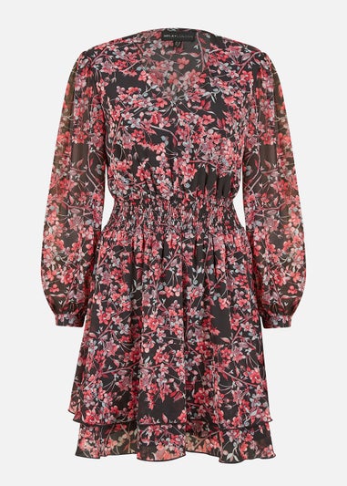 Mela Blossom Print Ruched Waist Long Sleeve Skater Dress In Black