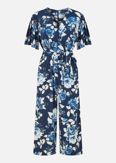 Mela Rose Print Jumpsuit With Angel Sleeves In Navy