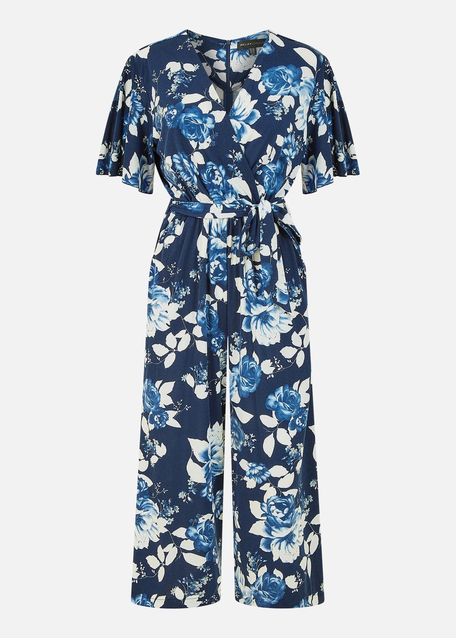 Mela Rose Print Jumpsuit With Angel Sleeves In Navy