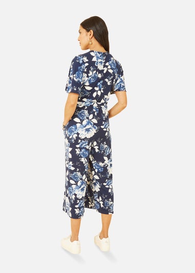 Mela Rose Print Jumpsuit With Angel Sleeves In Navy