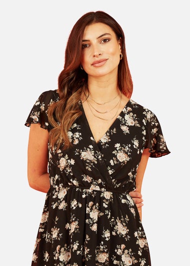 Mela Floral Print Wrap Over Skater Dress In Black