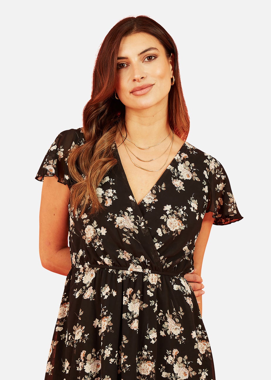 Mela Floral Print Wrap Over Skater Dress In Black