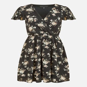 Mela Floral Print Wrap Over Skater Dress In Black