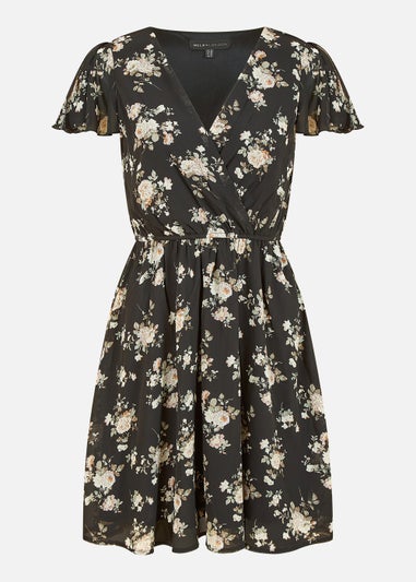 Mela Floral Print Wrap Over Skater Dress In Black