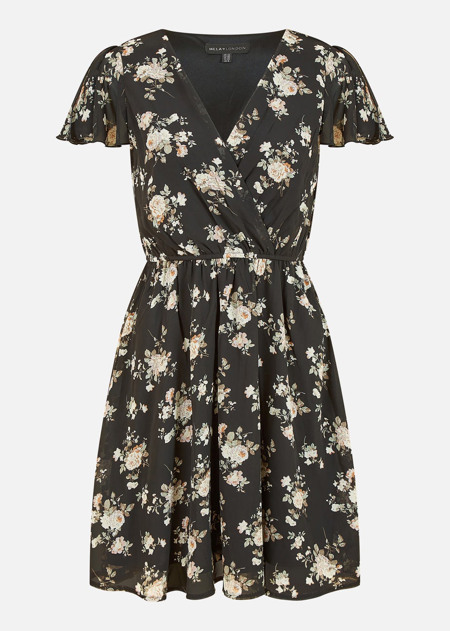 Mela Floral Print Wrap Over Skater Dress In Black
