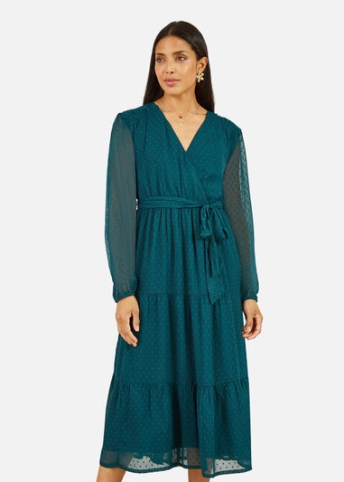 Yumi Green Recycled Dobby Spot Long Sleeve Midi Wrap Dress