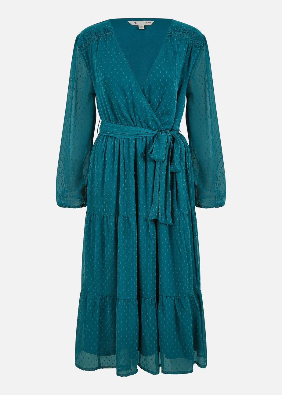 Yumi Green Recycled Dobby Spot Long Sleeve Midi Wrap Dress