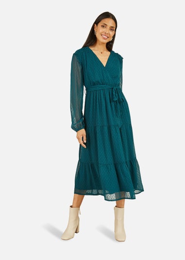 Yumi Green Recycled Dobby Spot Long Sleeve Midi Wrap Dress