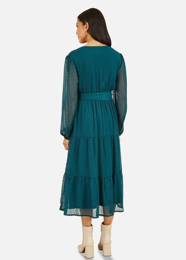 Yumi Green Recycled Dobby Spot Long Sleeve Midi Wrap Dress