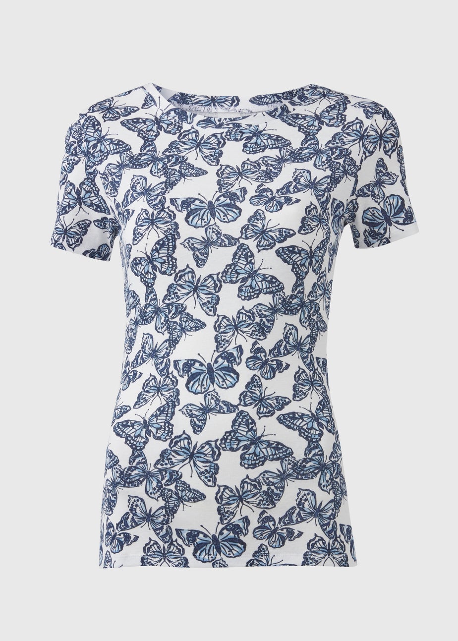 White & Navy Butterfly Print Short Sleeve Top