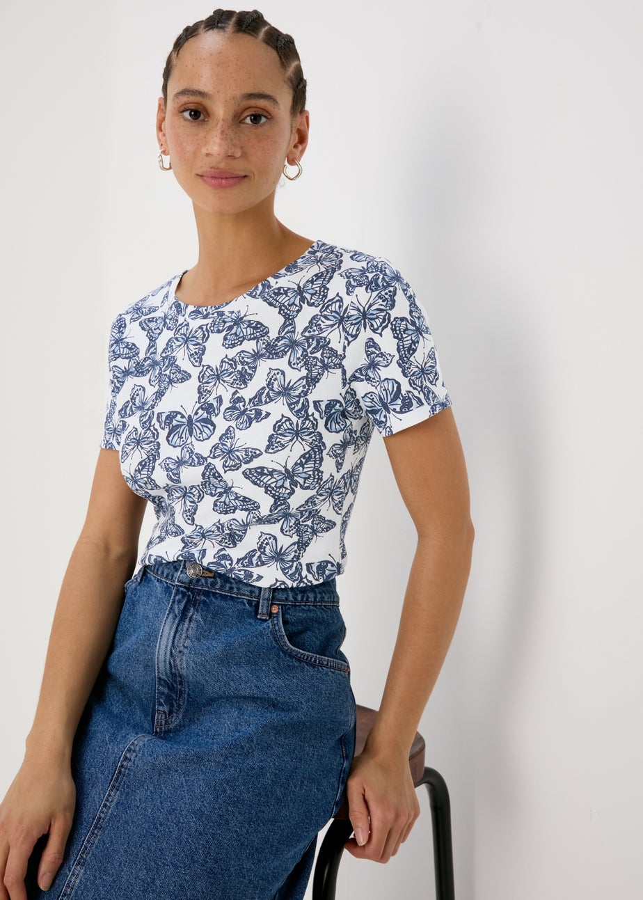 White & Navy Butterfly Print Short Sleeve Top