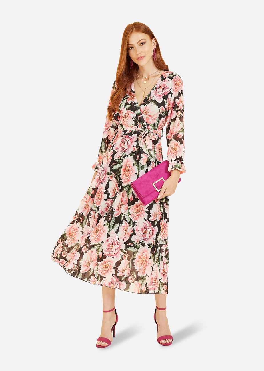 Yumi Black Rose Print Pleated Midi Dress