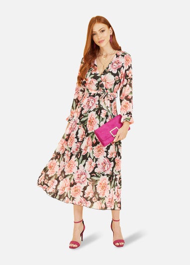 Yumi Black Rose Print Pleated Midi Dress
