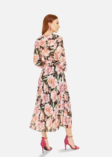 Yumi Black Rose Print Pleated Midi Dress