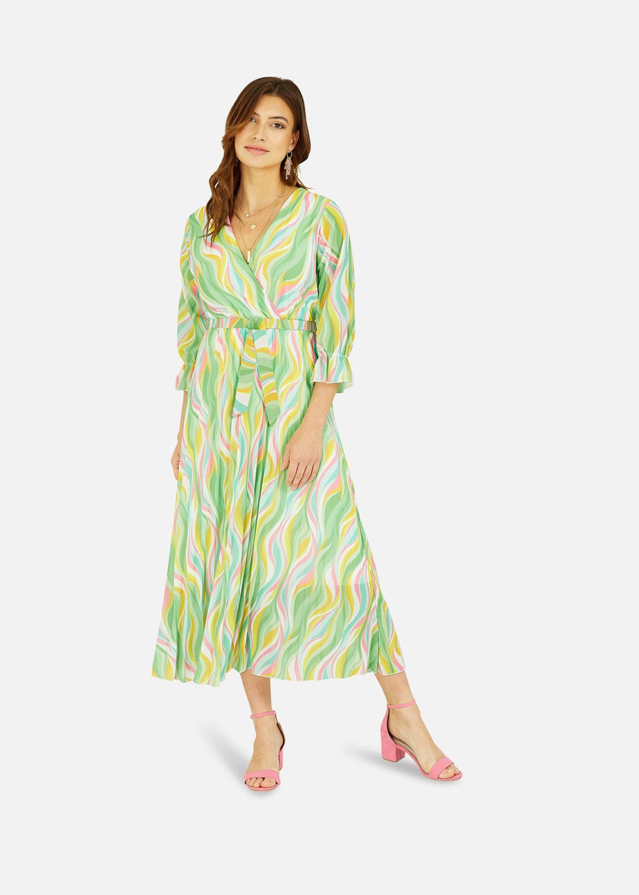 Yumi Green Swirl Print Pleated Dress With Belt