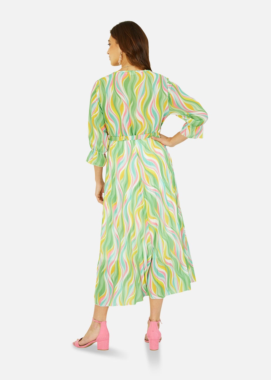Yumi Green Swirl Print Pleated Dress With Belt