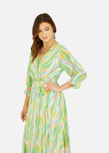 Yumi Green Swirl Print Pleated Dress With Belt