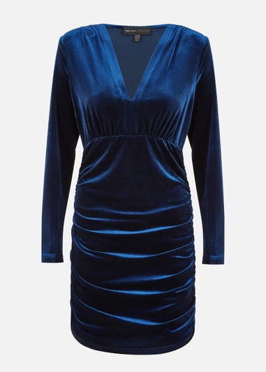 Mela Velvet Long Sleeve Ruched Fitted Dress In Blue