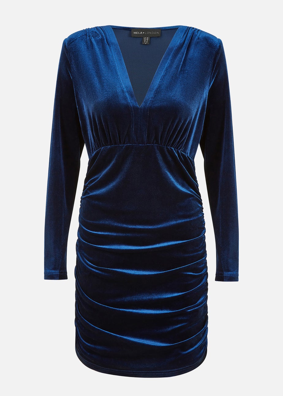 Mela Velvet Long Sleeve Ruched Fitted Dress In Blue