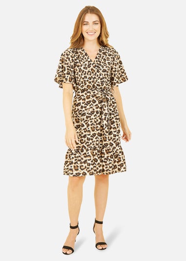Mela Animal Print Wrap Over Skater Dress In Brown