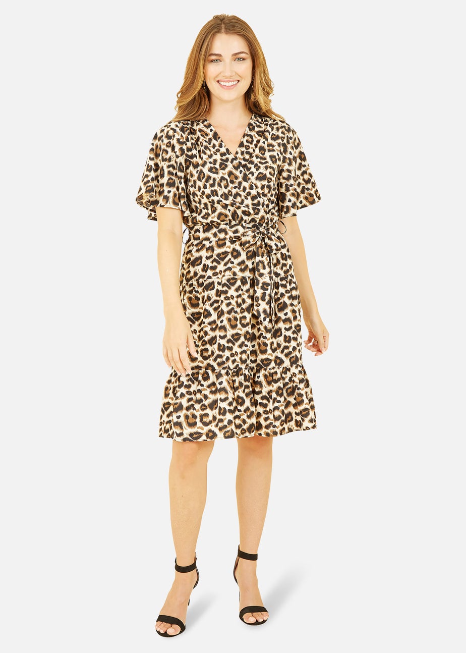Mela Animal Print Wrap Over Skater Dress In Brown