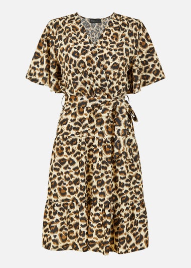 Mela Animal Print Wrap Over Skater Dress In Brown