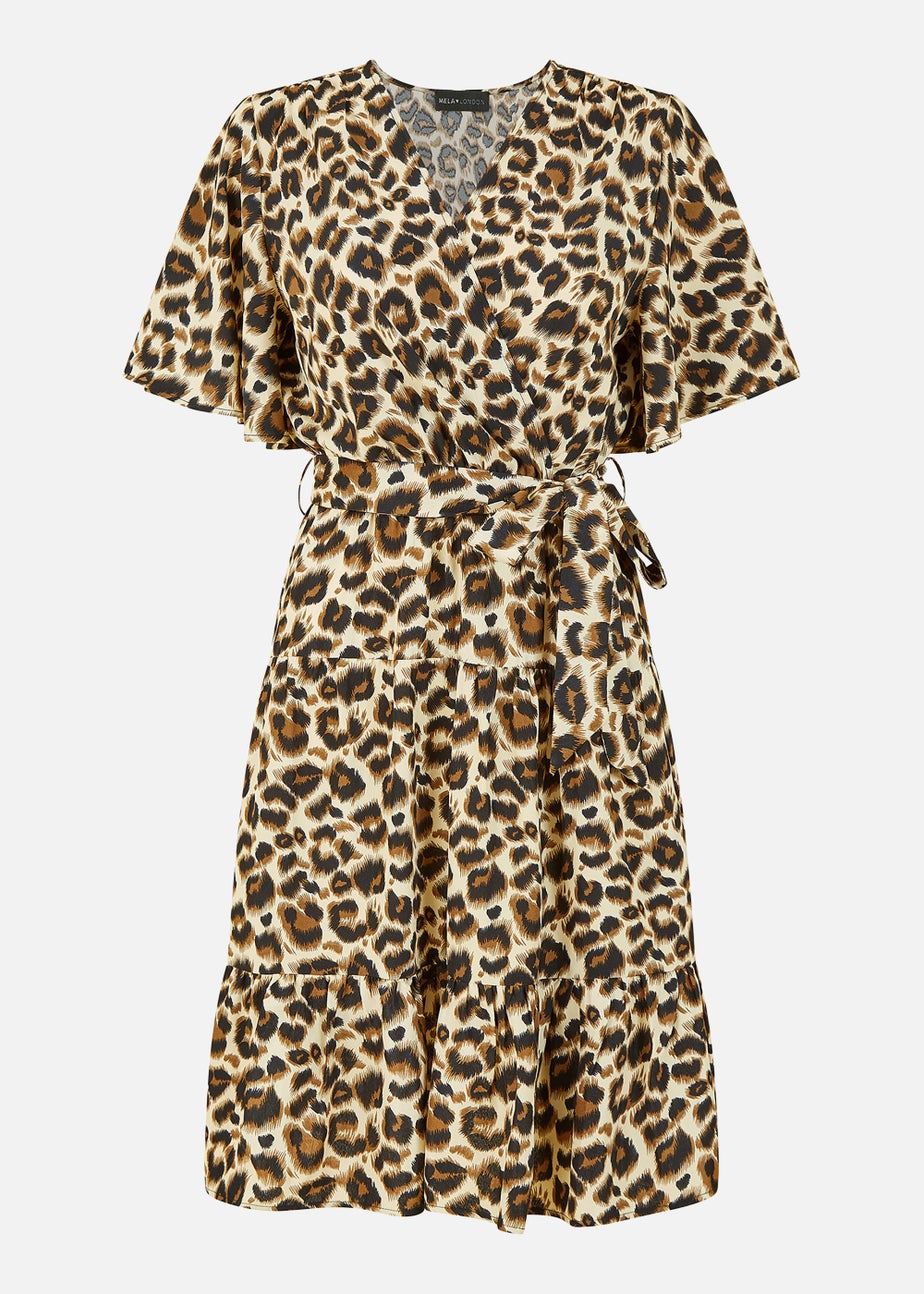 Mela Animal Print Wrap Over Skater Dress In Brown