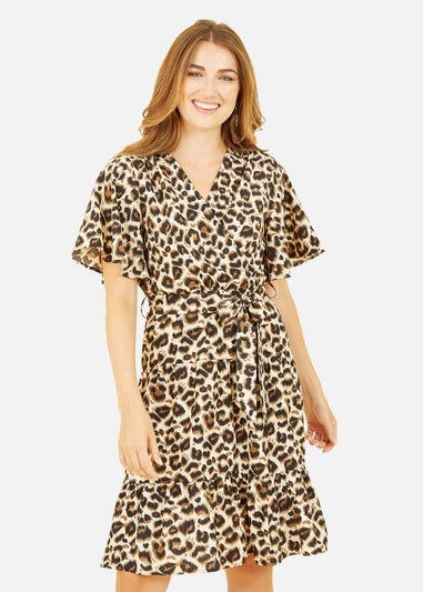Mela Animal Print Wrap Over Skater Dress In Brown